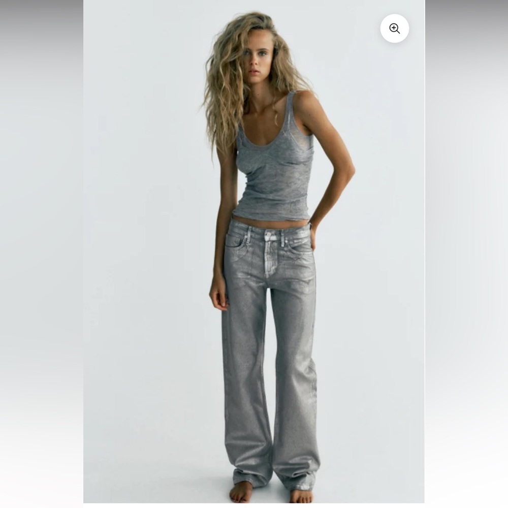 Zara Metallic Foil Mid Rise Straight Denim Jeans 36 4